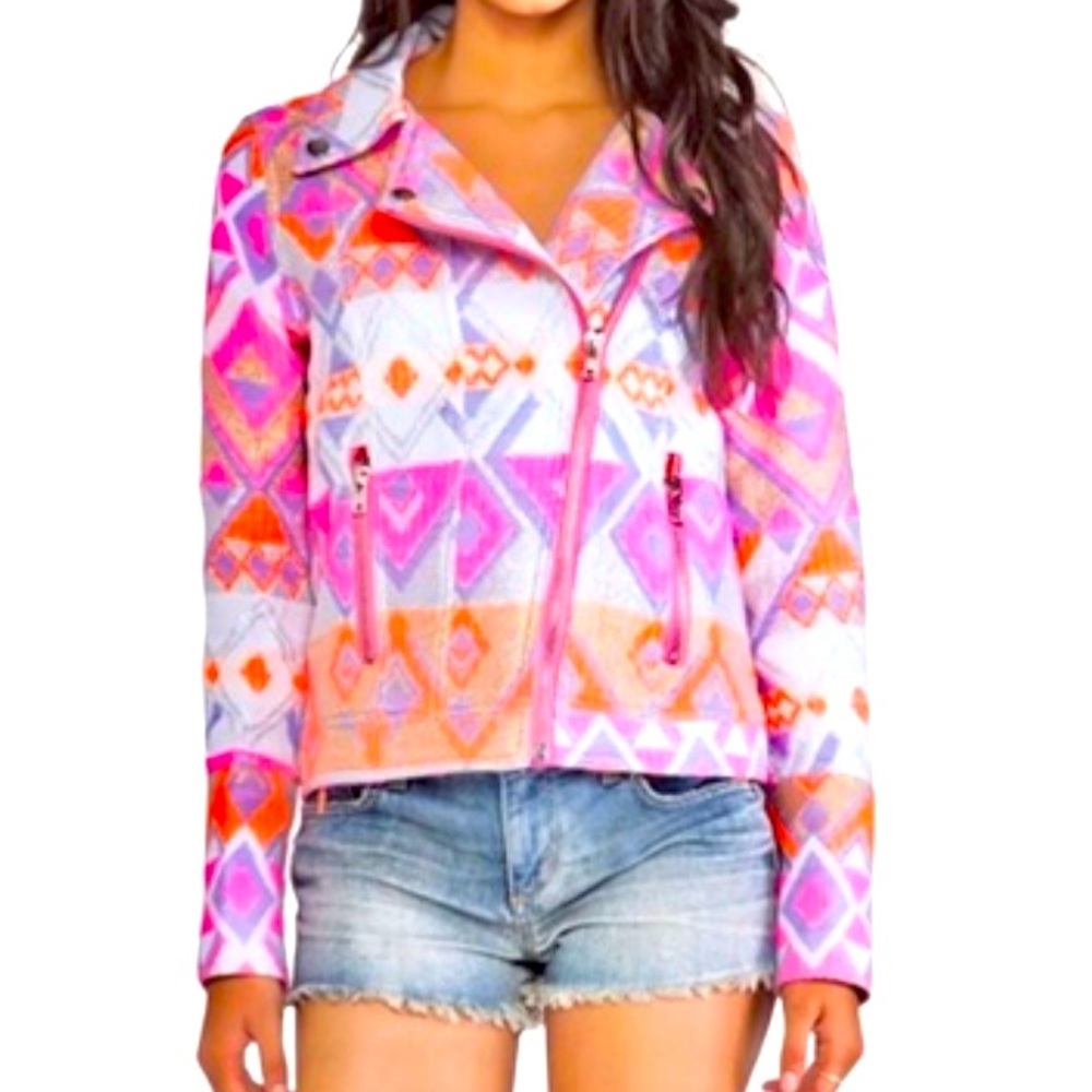 Chaser Mahlia Textured Moto Jacket Aztec Print, Metallic and Neon accents